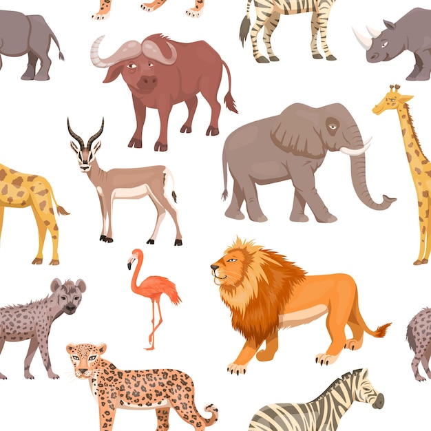 Sabana Africana Animal Salvaje Patrón Sin Costuras León Rinoceronte Cebra Búfalo Jirafa Flamenco Leopardo Gacela Elefante Hiena Ilustración Vectorial Plana Animales De África Concepto De Safari Savannh