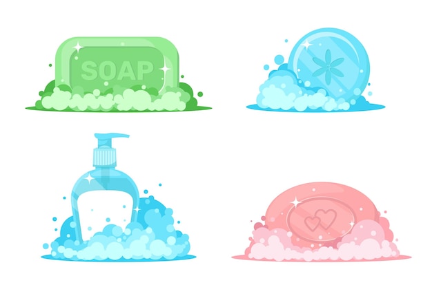 Sabones de dibujos animados con espuma Detergente líquido y de grumos Burbujas de espuma Lavado del cuerpo Cuidado de la piel Higiene de las manos Botella dispensadora Limpio de jabón Aroma de productos cosméticos de belleza Conjunto vectorial