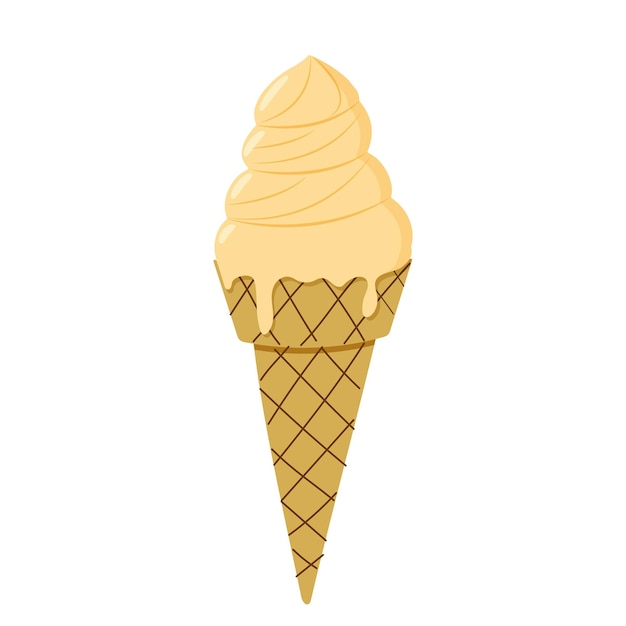 Saboroso cono de helado de vainilla con crema derretida goteando en un diseño clásico de cono de waffle