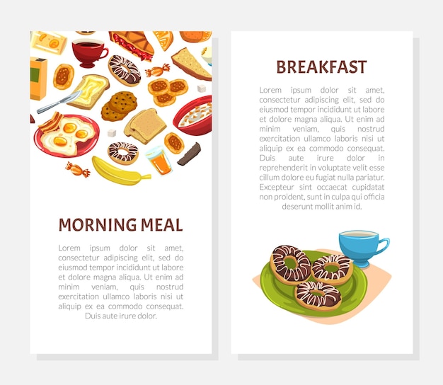 Sabrosa comida y bebida para el desayuno plantilla de vector de portada de tarjeta vertical