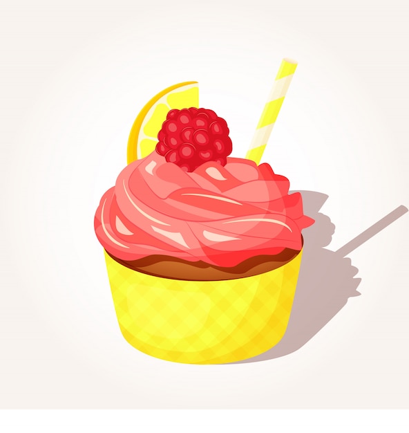 Vector sabrosa crema de cupcake de limón y frambuesa en estilo de dibujos animados