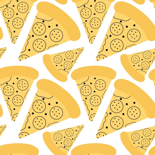Sabrosa pizza garabato de patrones sin fisuras en el concepto de comida rápida de estilo de dibujos animados para estampados textiles