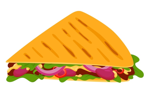 Sabrosa quesadilla ilustración de dibujos animados aislada sobre fondo blanco bocadillo mexicano de comida rápida comida callejera para llevar comida tex mexica sándwich de tortilla con frijoles de carne queso derretido y verduras