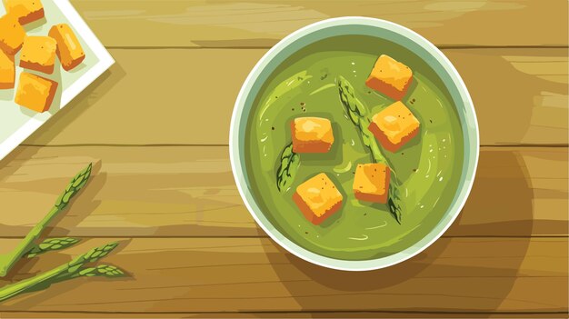 Sabrosa sopa de espárragos con croutones en una mesa de madera