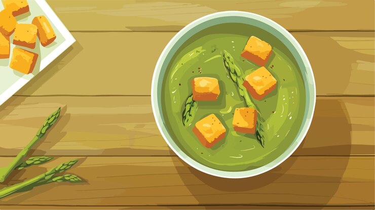 Vector sabrosa sopa de espárragos con croutones en una mesa de madera