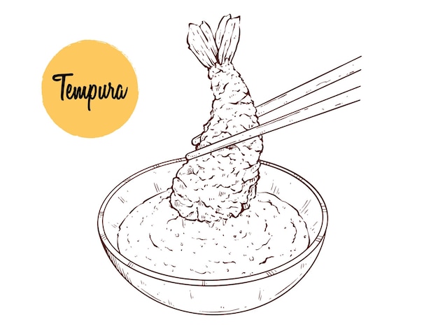 sabrosa tempura comida japonesa o asiática ilustración vectorial con estilo de dibujo a mano
