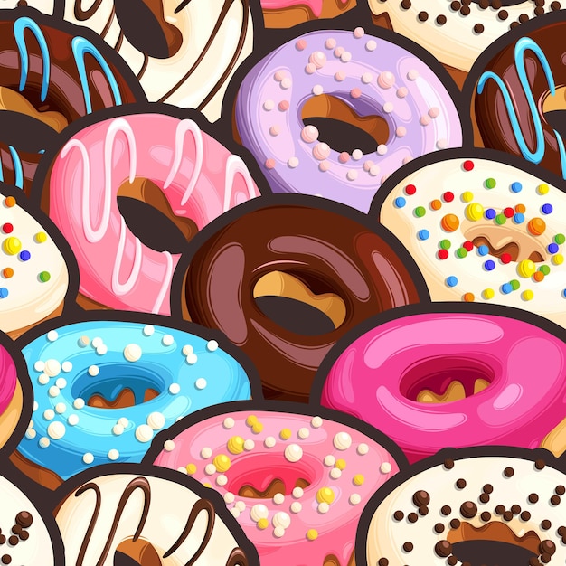 Sabrosas donas glaseadas multicolores con confitería rocía fondo transparente de vector