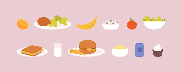 Sabrosas variaciones de almuerzos en la cantina de los niños, bebidas y alimentos frescos, frutas, verduras y avena, sándwiches y hamburguesas con patatas.