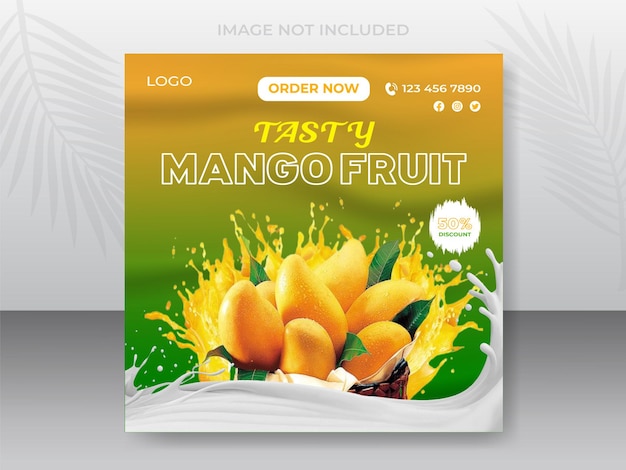 Sabroso banner de fruta de mango y jugo para beber para el diseño de publicaciones en redes sociales