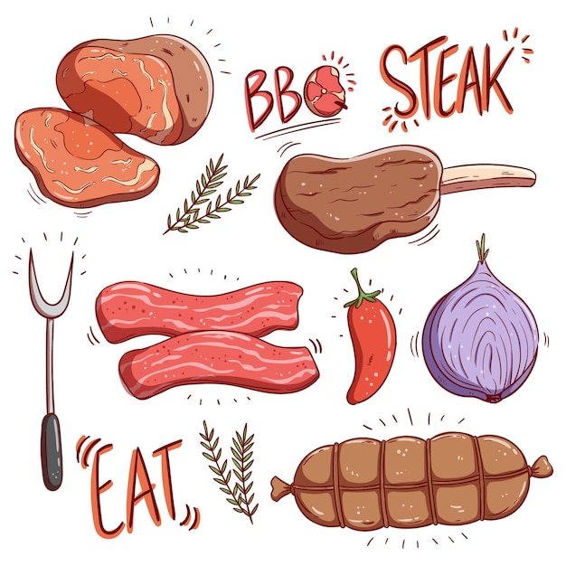 sabroso bistec y productos cárnicos crudos con un colorido estilo de dibujo a mano