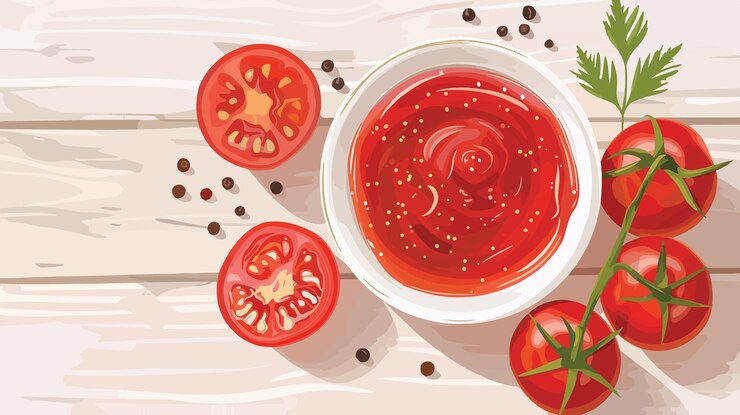 Vector un sabroso cuenco de ketchup adornado con pepinillos y tomates frescos