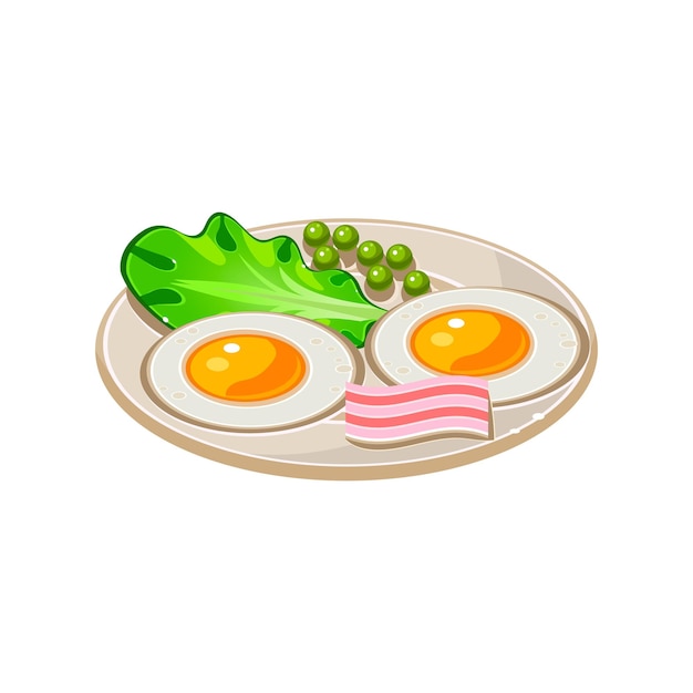 Sabroso desayuno de dibujos animados con tocino, huevos fritos y lechuga. Ilustración vectorial