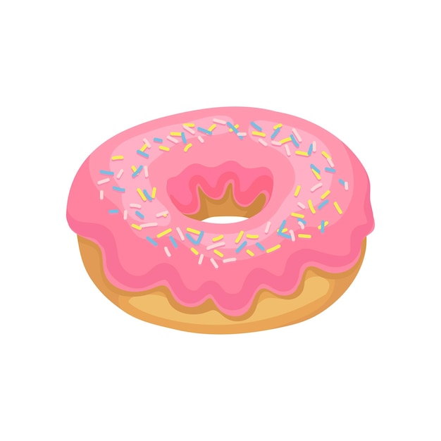 Sabroso donut con glaseado rosa y chispitas de colores Delicioso y dulce postre Diseño vectorial plano para póster promocional o volante