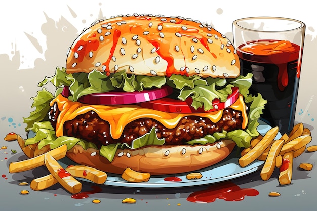 Vector sabroso menú combinado comida rápida deliciosa hamburguesa doble papas fritas y refrescos en estilo plano de dibujos animados st