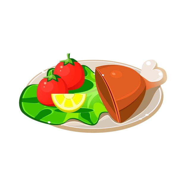 Sabroso plato de desayuno con jamón, lechuga y tomates. Ilustración vectorial