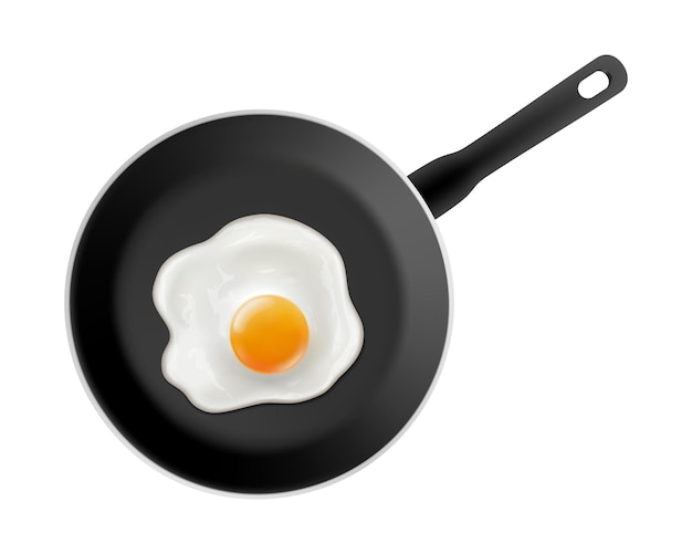 Sabrosos huevos de pollo fritos en sartén aislados sobre fondo blanco huevos revueltos en una sartén negra antiadherente ilustración realista de vectores 3d
