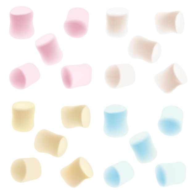 Vector sabrosos malvaviscos de colores aislados sobre fondo blanco conjunto de malvaviscos blancos, rosas, azules y amarillos
