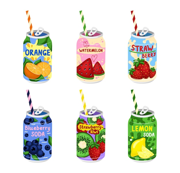 Sabrosos refrescos dibujados a mano conjunto de refrescos en latas de aluminio