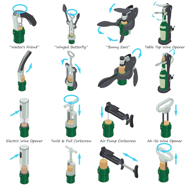 Vector sacacorchos tipos iconos conjunto. ilustración isométrica de 9 tipos de iconos de vectores de sacacorchos para web