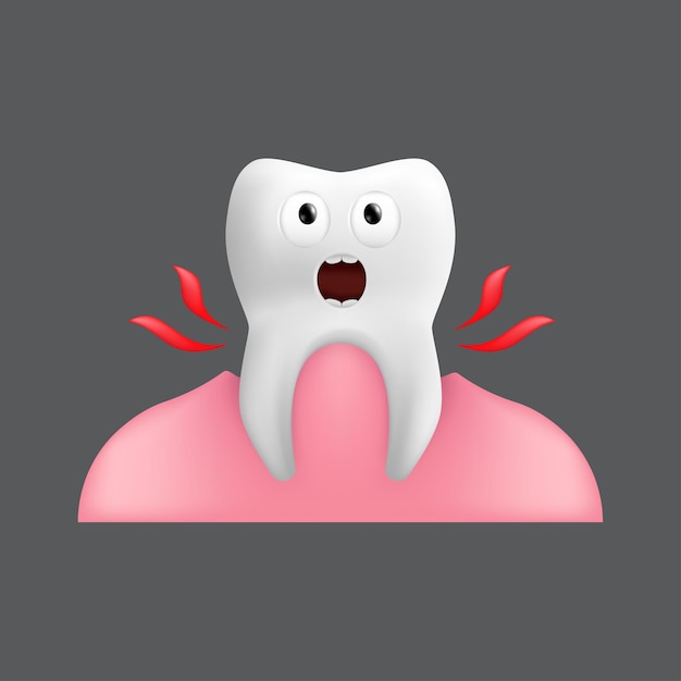 Vector sacar un diente que grita de la encía. lindo personaje con expresión facial. divertido para el diseño de los niños. ilustración realista del modelo de cerámica dental aislado sobre fondo gris