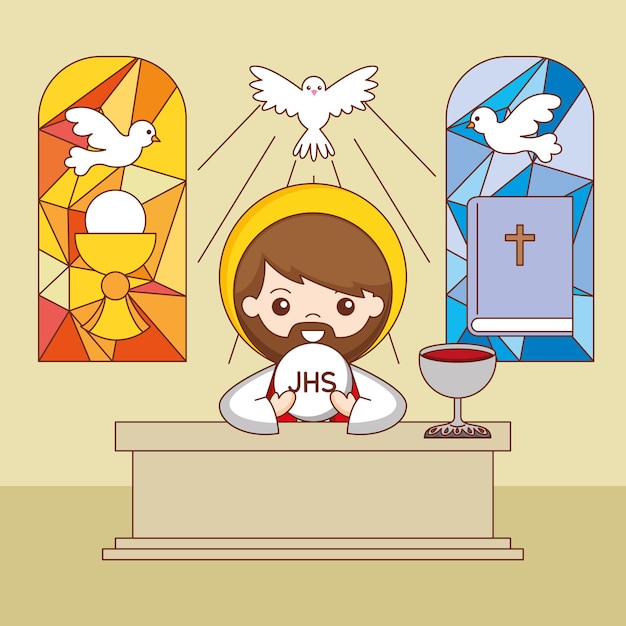 Vector sacerdote en el altar con cuerpo y sangre de cristo. ilustración de dibujos animados de corpus christi