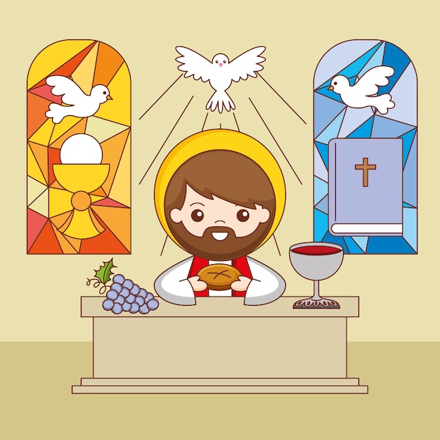 Vector sacerdote en el altar con pan y vino. la institución de la santa eucaristía, ilustración de dibujos animados