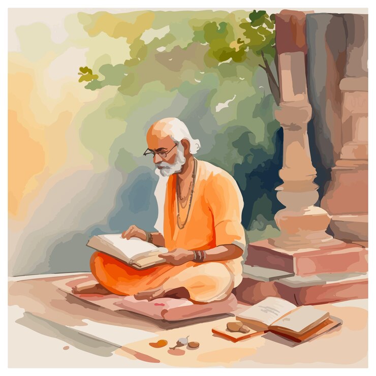 Sacerdote indio realizando rituales recitando mantras acuarela vector ilustración