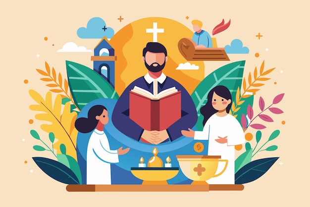 Vector un sacerdote está leyendo un libro a un grupo de personas atentas ilustrar el concepto de segmentación de clientes en la publicidad digital