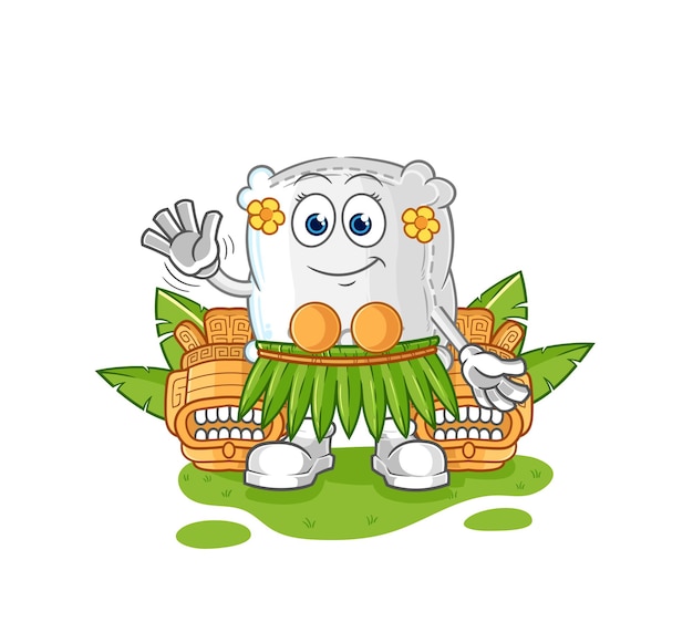 Saco de azúcar hawaiano agitando personaje de dibujos animados mascota vector