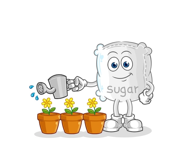 Saco de azúcar regando el vector de dibujos animados de la mascota de las flores