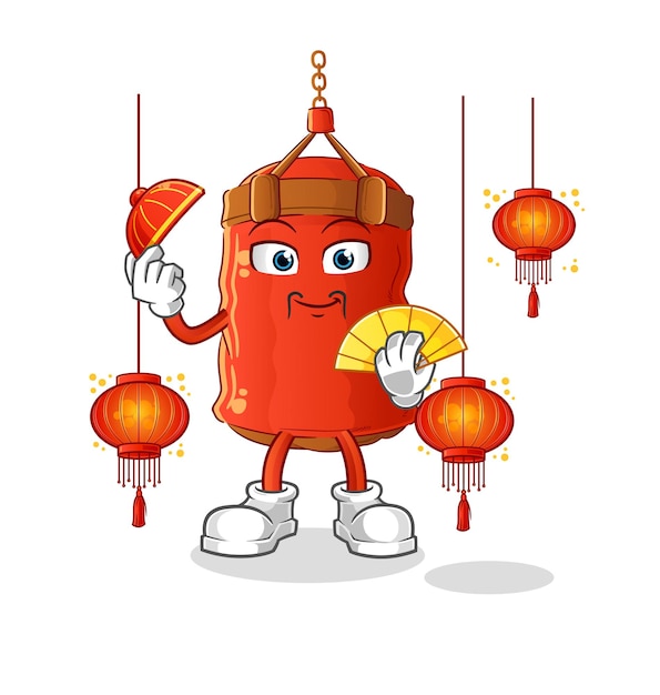 Saco de boxeo chino con ilustración de farolillos. vector de caracteres