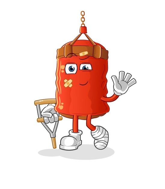 Saco de boxeo enfermo con bastón cojo. vector de mascota de dibujos animados