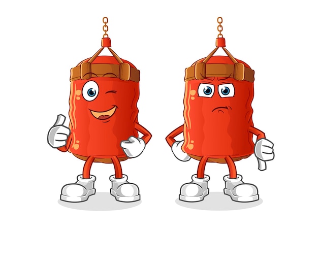 Saco de boxeo pulgares arriba y pulgares abajo vector de mascota de dibujos animados