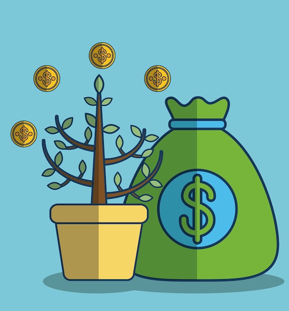 saco de dinero y planta con el icono de monedas