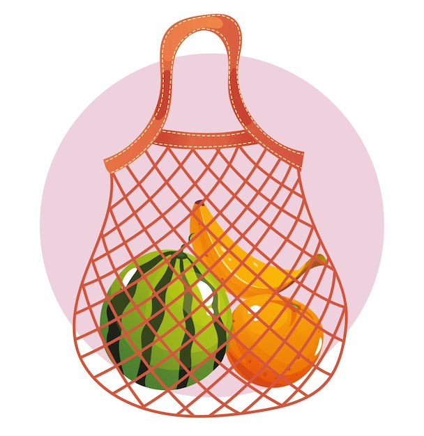 Saco ecológico lleno de frutas concepto de comestibles Ilustración de diseño gráfico plano vectorial
