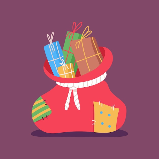 Saco de Santa con cajas de regalo ilustración de dibujos animados de vector aislado sobre fondo.