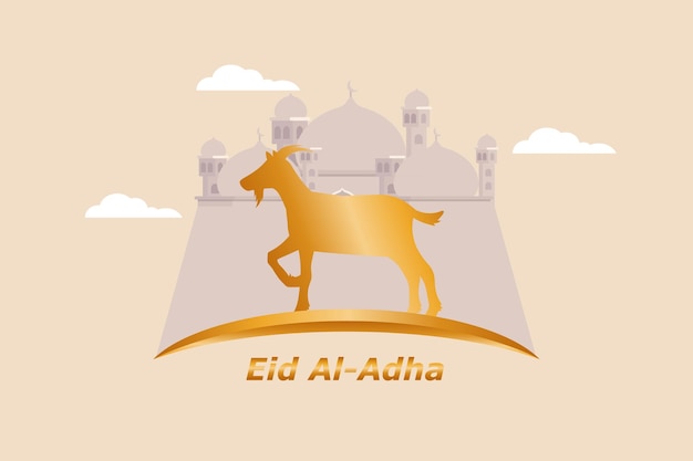 Sacrificio de cabra de oro para la celebración musulmana en la mezquita Feliz Eid alAdha Ilustración vectorial para la pancarta y el cartel de la tarjeta de felicitación de Eid