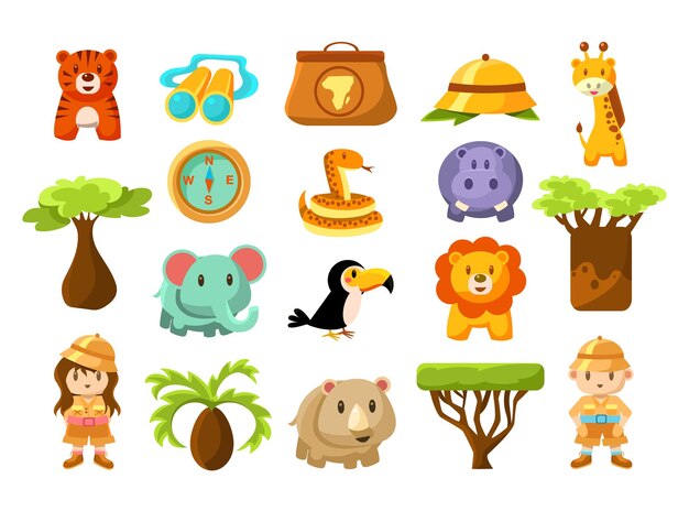 Safari africano con animales salvajes y viajeros personaje gran conjunto vectorial