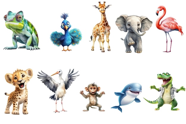 Safari Animal set camaleón pavo real jirafa elefante flamenco león cigüeña mono delfín cocodrilo en estilo acuarela Ilustración de vector plano aislado