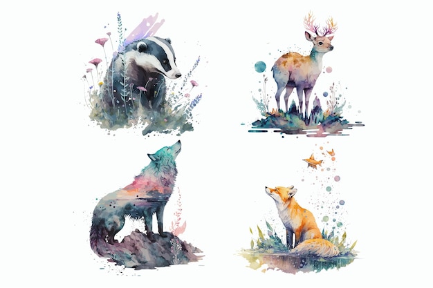 Safari Animal set Ciervo tejón lobo zorro en estilo acuarela Ilustración vectorial aislada