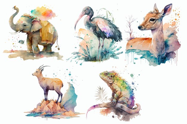 Safari Animal set Impala ibis pájaro ibex iguana Elefante indio en estilo acuarela Ilustración vectorial aislada