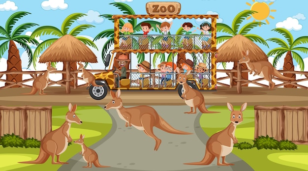Vector safari en la escena diurna con muchos niños viendo un grupo de canguros.