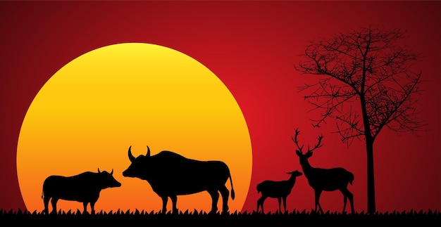 safari fauna áfrica puesta de sol animales vector aislado