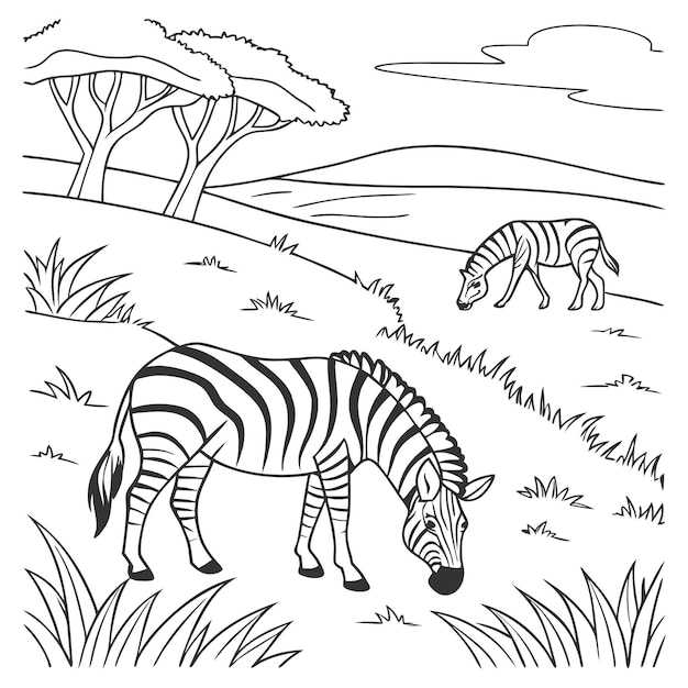 Safari en la selva con animales cebra Ilustración para colorear