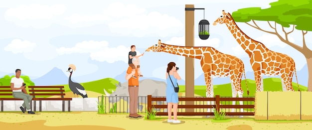 Safari zoológico africano Gran girafa animal de dibujos animados vacaciones turísticas salvajes de África Hombre y mujer niños felices hermoso paisaje árbol de sabana Ilustración vectorial