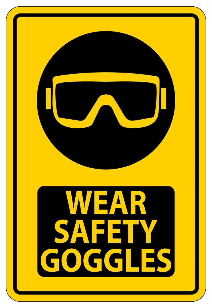 Vector safety sign instructions for eye protection in hazardous work environments and industrial areas