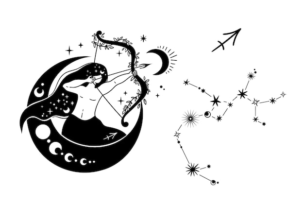 Sagitario signo del zodiaco dibujado a mano clipart aislado símbolos astrológicos únicos y constelación