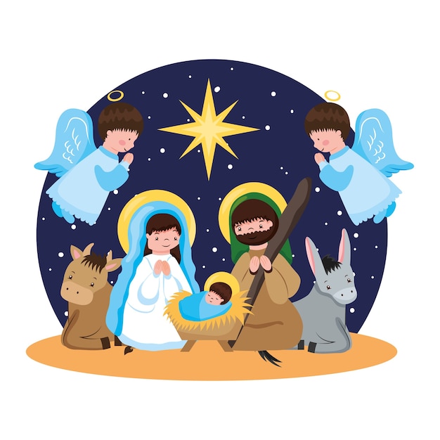 Vector sagrada familia y ángeles en adoración al niño jesús