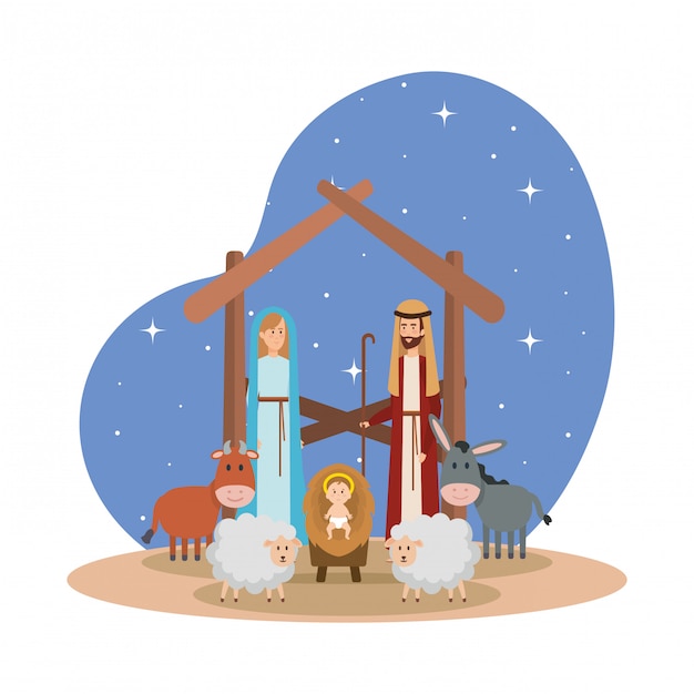 Vector sagrada familia con personajes pesebre de animales.