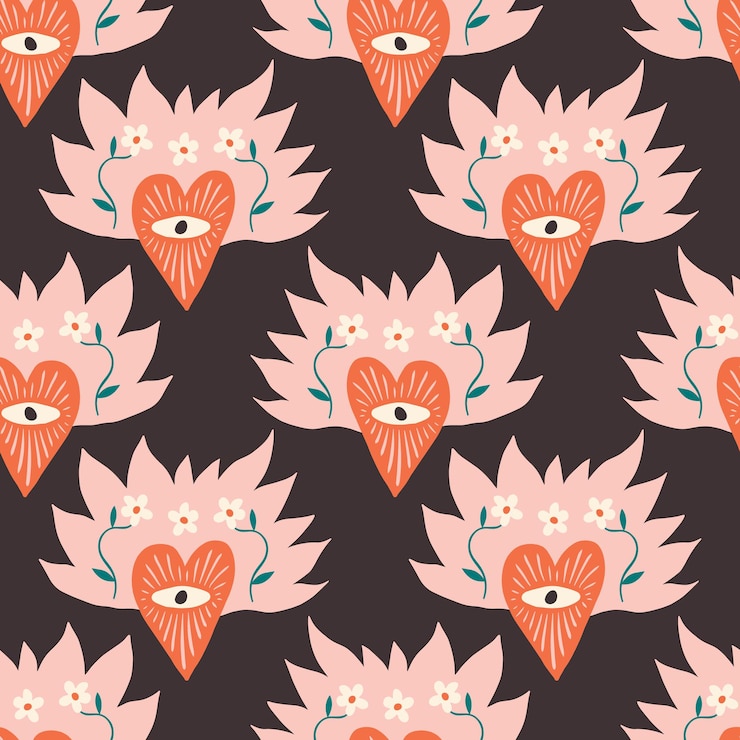 Vector sagrado corazón, llama, amor, y, paz, concepto, boho, ingenuo, funky, handdrawn, seamless, patrón, vector